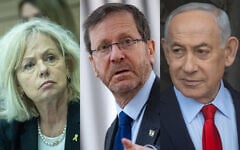Left: Attorney General Gali Baharav-Miara attends a Knesset Constitution, Law and Justice Committee meeting in Jerusalem, April 27, 2025. (Yonatan Sindel/Flash90); center: President Isaac Herzog at the president's residence in Jerusalem, March 12, 2026. (Yonatan Sindel/Flash90); right: Prime Minister Benjamin Netanyahu visits the Yad Vashem Holocaust memorial in Jerusalem, February 26, 2026. (Chaim Goldberg/Flash90)