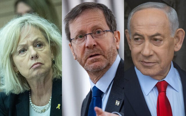 Left: Attorney General Gali Baharav-Miara attends a Knesset Constitution, Law and Justice Committee meeting in Jerusalem, April 27, 2025. (Yonatan Sindel/Flash90); center: President Isaac Herzog at the president's residence in Jerusalem, March 12, 2026. (Yonatan Sindel/Flash90); right: Prime Minister Benjamin Netanyahu visits the Yad Vashem Holocaust memorial in Jerusalem, February 26, 2026. (Chaim Goldberg/Flash90) Left: Attorney General Gali Baharav-Miara attends a Knesset Constitution, Law and Justice Committee meeting in Jerusalem, April 27, 2025. (Yonatan Sindel/Flash90); center: President Isaac Herzog at the president's residence in Jerusalem, March 12, 2026. (Yonatan Sindel/Flash90); right: Prime Minister Benjamin Netanyahu visits the Yad Vashem Holocaust memorial in Jerusalem, February 26, 2026. (Chaim Goldberg/Flash90)