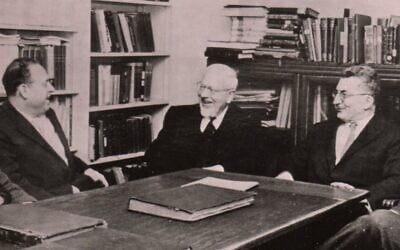 Jewish thinkers, giants in their fields. From left to right: Moshe Davis, Mordecai Kaplan (center) and Hillel Bavli (Inset from an image courtesy of the Mordecai Kaplan Center)