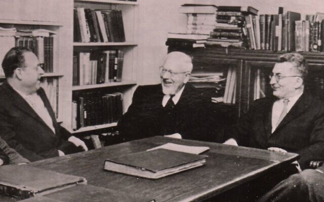 Jewish thinkers, giants in their fields. From left to right: Moshe Davis, Mordecai Kaplan (center) and Hillel Bavli (Inset from an image courtesy of the Mordecai Kaplan Center)