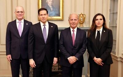 From left: Israeli Ambassador to the US Yechiel Leiter, US Secretary of State Marco Rubio, US Ambassador to Lebanon Michel Issa, and Lebanese Ambassador to the US Nada Hamadeh Moawad at the State Department in Washington, April 14, 2026. (Shmulik Almany / Israeli embassy, Washington)