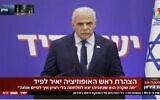 Opposition leader Yair Lapid gives a televised address, April 8, 2026. (Channel 12 screenshot)