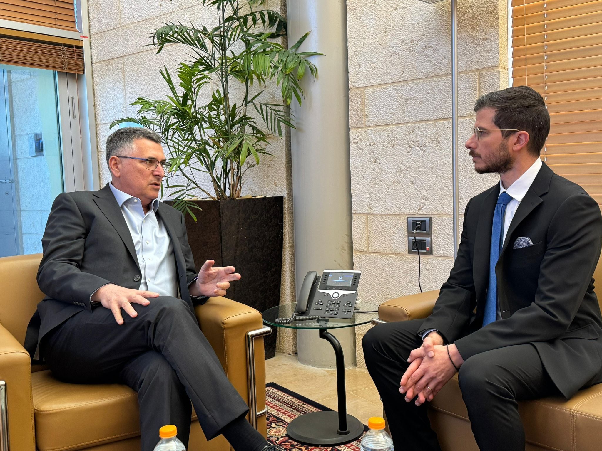 Israeli Foreign Minister Gideon Sa'ar speaking with newly appointed Special Envoy to the Christian World George Deek