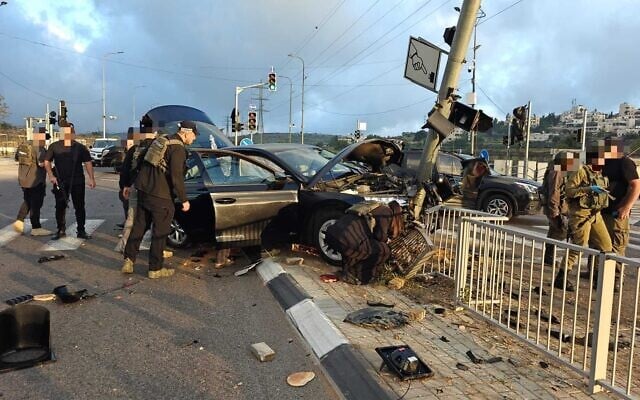 The scene after a car crashed into an electric bike near Hebron in the West Bank, killing a Palestinian teen, April 21, 2026. (MDA)