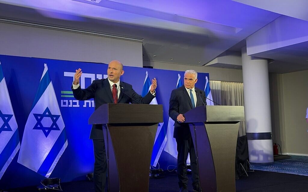 Former prime minister Naftali Bennett and Opposition Leader Yair Lapid hold a press conference announcing the formation of their new "Together" party in Herzliya, April 26, 2026. (Sam Sokol/Times of Israel) Former prime minister Naftali Bennett and Opposition Leader Yair Lapid hold a press conference announcing the formation of their new "Together" party in Herzliya, April 26, 2026. (Sam Sokol/Times of Israel)