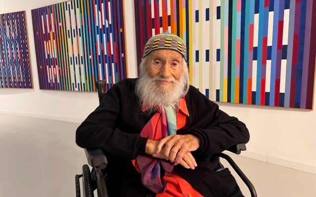 Pioneering kinetic artist Yaacov Agam receiving the Israel Prize on April 20, 2026, at the Yaacov Agam Museum of Art (Jessica Steinberg/Times of Israel)