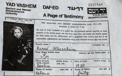 Renee Albersheim was murdered during the Holocaust. A Jewish couple in Florida has said the Mourner's Kaddish for her daily for years. (Courtesy Susan Bell via JTA)