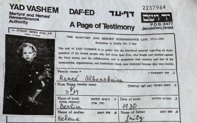 Renee Albersheim was murdered during the Holocaust. A Jewish couple in Florida has said the Mourner's Kaddish for her daily for years. (Courtesy Susan Bell via JTA)