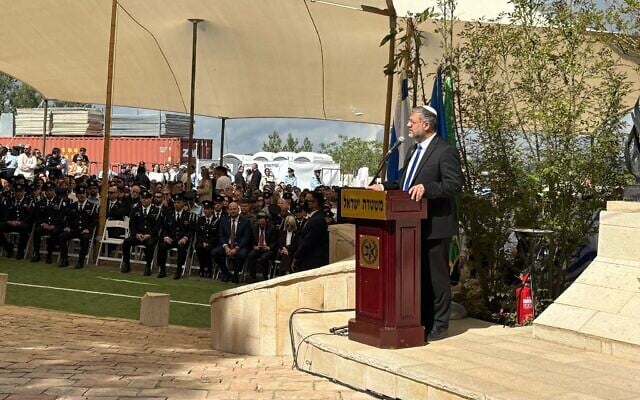 National Security Minister Itamar Ben Gvir gives a speech at police's annual Memorial Day ceremony on Mount Herzl in Jerusalem on April 21, 2026. (Charlie Summers/Times of Israel)