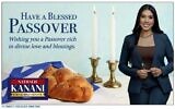 A Passover ad placed by the Georgia state senate campaign of Nathalie Kanani in the Atlanta Jewish Times drew criticism for showing a challah. (Screenshot via JTA)