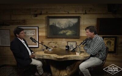 Buckley Carlson, left, and Tucker Carlson speak on Tucker Carlson's streaming show, April 21, 2026. (Screenshot via JTA)