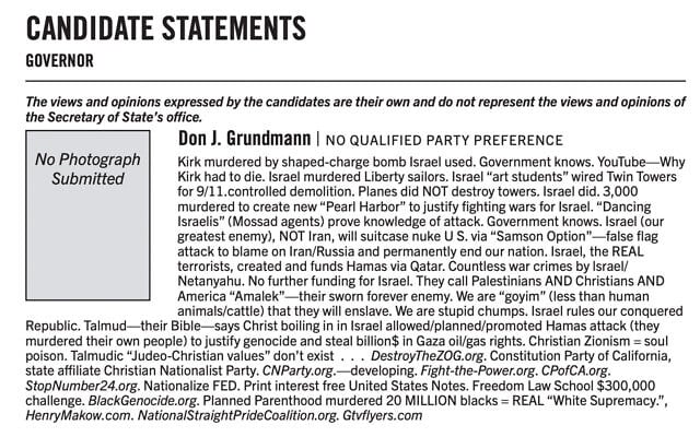 An antisemitic statement sent out in California's voter guide, April 2026. (Screenshot) An antisemitic statement sent out in California's voter guide, April 2026. (Screenshot)