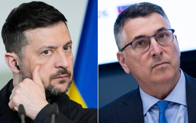 Left: Ukraine's President Volodymyr Zelensky reacts during a press conference at the German-Ukrainian government consultations in Berlin Germany, on April 14, 2026. (AP Photo/Ebrahim Noroozi); Right: Gideon Sa’ar speaks during a meeting of the Subcommittee on Foreign Policy and Public Diplomacy at the Ministry of Foreign Affairs in Jerusalem, March 23, 2026. (Chaim Goldberg/Flash90) Left: Ukraine's President Volodymyr Zelensky reacts during a press conference at the German-Ukrainian government consultations in Berlin Germany, on April 14, 2026. (AP Photo/Ebrahim Noroozi); Right: Gideon Sa’ar speaks during a meeting of the Subcommittee on Foreign Policy and Public Diplomacy at the Ministry of Foreign Affairs in Jerusalem, March 23, 2026. (Chaim Goldberg/Flash90)