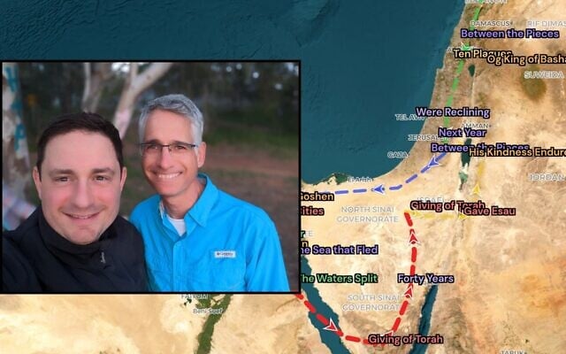 Alon Gildoni, left, and Ron Milo are the creators of 'Haggadah on the Map,' which traces the Israelites' journey as recounted in the Passover story. (Courtesy Alon Gildoni via JTA)