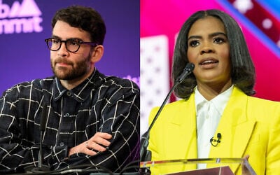 Hasan Piker (L) and  Candace Owens (R) are the subjects of a new bipartisan House resolution condemning antisemitism introduced by Reps. Mike Lawler and Josh Gottheimer. (Lev Radin/Pacific Press/LightRocket via Getty Images and Noushad Thekkayil/NurPhoto via Getty Images / JTA)