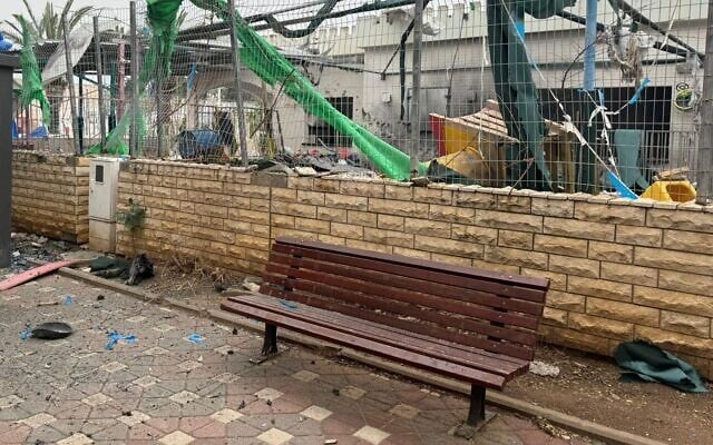 A handout photo shows damage at a daycare in the northern coastal city of Nahariya that struck by a rocket fired by Lebanon's Hezbollah terror group, April 2, 2026. (Israel Police)