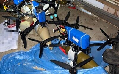 FPV drones captured by Israeli troops in southern Lebanon, in a handout photo published April 3, 2026. (Israel Defense Forces)