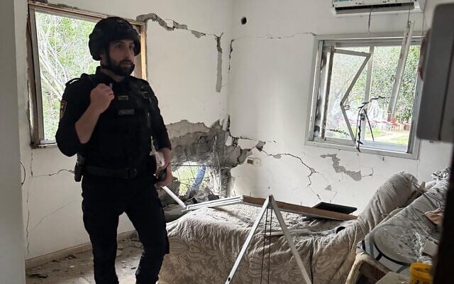 A home in the northern community of Gesher Haziv that was damaged by a rocket fired from Lebanon by Hezbollah, on April 3, 2026. (Israel Police) A home in the northern community of Gesher Haziv that was damaged by a rocket fired from Lebanon by Hezbollah, on April 3, 2026. (Israel Police)