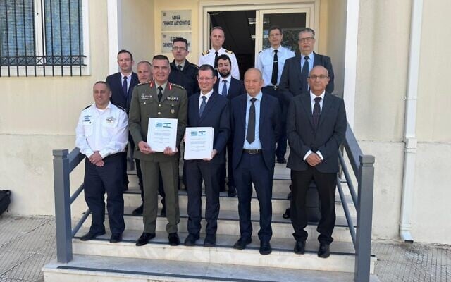 Israeli and Greek defense officials at a signing ceremony in Athens for an agreement that will see Israel supply PULS precision rocket artillery systems to the Greek Army, April 6, 2026. (Greek Defense Ministry)