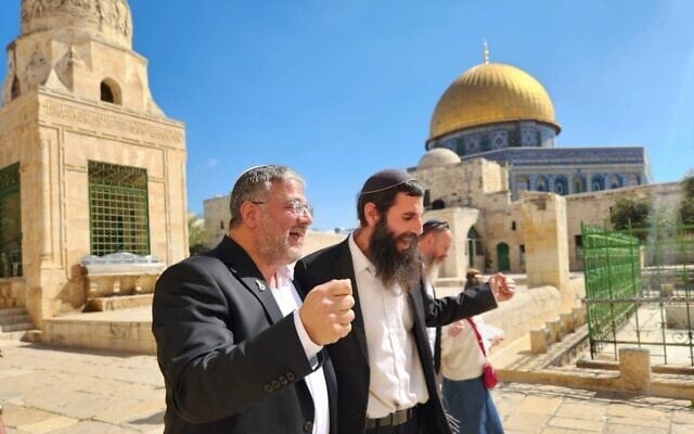 National Security Minister Itamar Ben Gvir, left, and Rabbi Elisha Wolfson of the Temple Mount Yeshiva at the Temple Mount in the Old City of Jerusalem on April 12, 2026. (Credit: Otzma Yehudit)