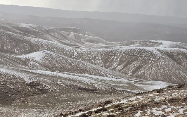 Hail blankets hills outside Arad on April 27, 2026. (Musa Al-Kamisa/ Israel Nature and Parks Authority) Hail blankets hills outside Arad on April 27, 2026. (Musa Al-Kamisa/ Israel Nature and Parks Authority)