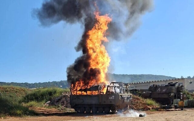A M548 cargo carrier at an Israeli military artillery site near the northern border community of Shomera that was hit by a Hezbollah drone on April 30, 2026. (Used in accordance with Clause 27a of the Copyright Law)