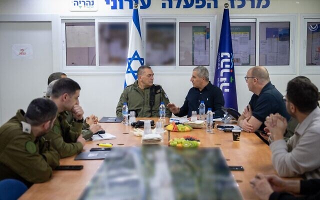 IDF Chief of Staff Lt. Gen. Eyal Zamir (left) meets with Nahariya mayor Ronen Marelly, in the northern city, April 5, 2026. (Israel Defense Forces)