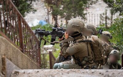 Soldiers of the 98th Division operate in the southern Lebanon town of Bint Jbeil, in a handout photo issued by the military on April 13, 2026. (Israel Defense Forces)