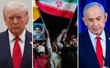 Combo photo: US President Donald Trump (AP Photo/Alex Brandon); Pro-government demonstrators in Tehran, after a ceasefire announcement, early on April 8, 2026 (AP Photo/Vahid Salemi); Prime Minister Benjamin Netanyahu (Shalev Shalom/Pool)