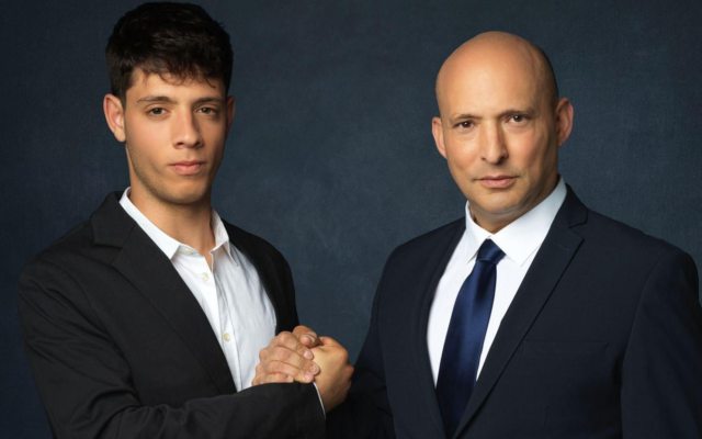 Former prime minister Naftali Bennett (right) with activist Yonatan Shalev in a photo released on April 15, 2026 (Courtesy Bennett 2026)