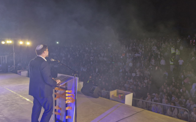 Finance Minister Bezalel Smotrich at  an Independence Day event in the West Bank settlement of Brukhin, April 21, 2026. (Courtesy Religious Zionism party)