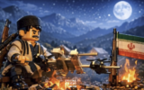 An Iranian AI-generated Lego video produced by 'Explosive Media' depicts an Iranian soldier roasting US helicopters over a fire. (Screenshot/Explosive Media)