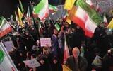 Government supporters chanting slogans ahead of the funeral procession for Maj. Gen. Majid Khademi, head of intelligence for Iran's Revolutionary Guard, in Tehran, Iran, April 8, 2026. (Francisco Seco/AP)