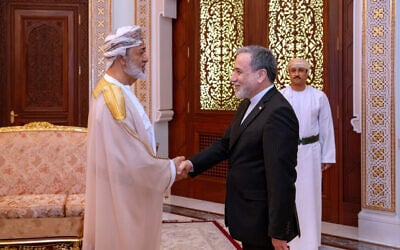 Iranian Foreign Minister Abbas Araghchi, right, shaking hands with Oman's Sultan Haitham bin Tariq during their meeting, in Muscat, Oman, April 26, 2026. (Iranian Foreign Ministry via AP) Iranian Foreign Minister Abbas Araghchi, right, shaking hands with Oman's Sultan Haitham bin Tariq during their meeting, in Muscat, Oman, April 26, 2026. (Iranian Foreign Ministry via AP)