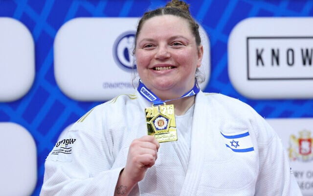Gold medalist Israel's Raz Hershko celebrating on the podium for the women's over 78 kg category event at the Judo European Senior Championships 2026 in Tbilisi, Georgia, on April 19, 2026. (Giorgi Arjevanidze/ AFP) Gold medalist Israel's Raz Hershko celebrating on the podium for the women's over 78 kg category event at the Judo European Senior Championships 2026 in Tbilisi, Georgia, on April 19, 2026. (Giorgi Arjevanidze/ AFP)