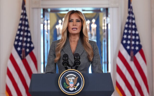 First lady Melania Trump speaking to reporters April 9, 2026, in the Grand Foyer of the White House in Washington. (AP/Jacquelyn Martin) First lady Melania Trump speaking to reporters April 9, 2026, in the Grand Foyer of the White House in Washington. (AP/Jacquelyn Martin)