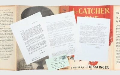 Correspondence between J.D. Salinger and his editor referring to his Jewish and Irish heritage, overlaid on top of the book jacket for Salinger's novel, 'The Catcher in the Rye' (Images Courtesy Peter Harrington London via JTA)