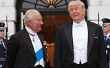 US President Donald Trump (right) greeting Britain's King Charles III at the South Portico of the White House for a State Dinner, April 28, 2026, in Washington. (Alex Brandon/AP)
