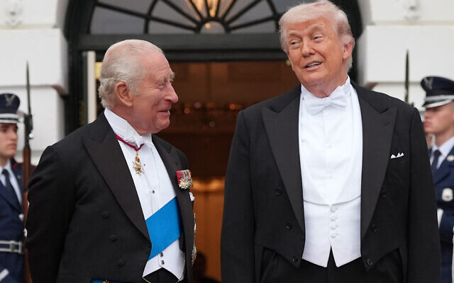 US President Donald Trump (right) greeting Britain's King Charles III at the South Portico of the White House for a State Dinner, April 28, 2026, in Washington. (Alex Brandon/AP) US President Donald Trump (right) greeting Britain's King Charles III at the South Portico of the White House for a State Dinner, April 28, 2026, in Washington. (Alex Brandon/AP)
