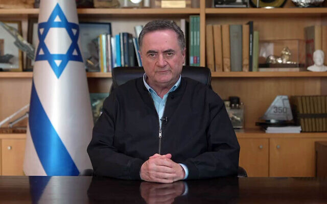 Defense Minister Israel Katz gives a statement from his office on April 14, 2026. (Screenshot)