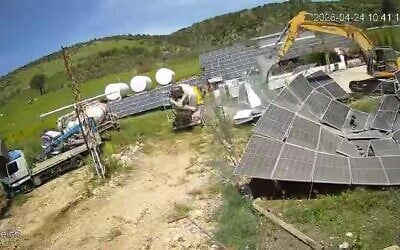 Israeli military excavators damage solar panels in the southern Lebanon Christian village of Debel, in footage aired by Lebanese media on April 25, 2026. (Screenshot X; used in accordance with Clause 27a of the Copyright Law) Israeli military excavators damage solar panels in the southern Lebanon Christian village of Debel, in footage aired by Lebanese media on April 25, 2026. (Screenshot X; used in accordance with Clause 27a of the Copyright Law)