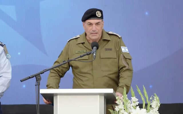 IDF Chief of Staff Lt. Gen. Eyal Zamir speaks at a handover ceremony for the chief of the Israeli Air Force, at the Tel Nof Airbase, May 5, 2026. (Screenshot/IDF)