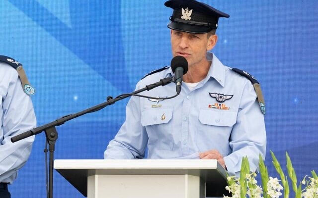 Incoming IAF chief Maj. Gen. Omer Tischler speaks at a handover ceremony at the Tel Nof Airbase, May 5, 2026. (Israel Defense Forces)