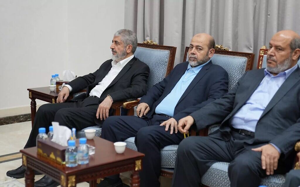 Senior Hamas members KHALED MASHAAL (L), Musa ABU MARZOUK (C), and Khalil Al-Hayya attending a meeting between Iran's Foreign Minister and Hamas' political bureau chief, October 31, 2023, Doha, Qatar. (Credit Image: © Iranian Foreign Ministry via ZUMA Press Wire)