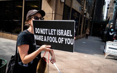 An anti-Israel protester in New York City, September 23, 2025. (Luke Tress/ Times of Israel) An anti-Israel protester in New York City, September 23, 2025. (Luke Tress/ Times of Israel)