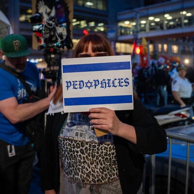 Anti-Zionist protesters in New York City, May 5, 2026. (Luke Tress/Times of Israel)