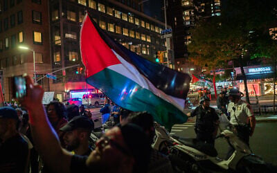 Anti-Israel protesters in New York City, May 5, 2026. (Luke Tress/Times of Israel) Anti-Israel protesters in New York City, May 5, 2026. (Luke Tress/Times of Israel)