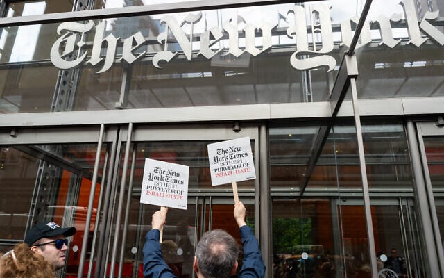 Protesters outside The New York Times offices in New York City, May 14, 2026. (Luke Tress/Times of Israel) Protesters outside The New York Times offices in New York City, May 14, 2026. (Luke Tress/Times of Israel)