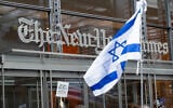 Protesters outside The New York Times offices in New York City, May 14, 2026. (Luke Tress/Times of Israel)