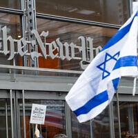 Protesters outside The New York Times offices in New York City, May 14, 2026. (Luke Tress/Times of Israel)